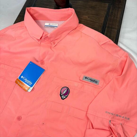 Grateful Dead Steal Your Face Columbia PFG Camping Shirt (M) Pink Omni-Shade - Picture 1 of 9